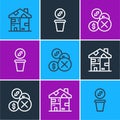 Set line Homeless cardboard house, No money and Donation icon. Vector