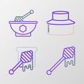 Set line Honey dipper stick with dripping honey, Beekeeper protect hat and and bowl icon. Vector