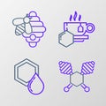 Set line Honey dipper stick, Honeycomb, Cup of tea with honey and Hive for bees icon. Vector