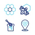 Set line Honeycomb bee location, dipper stick with honey, Bee and honeycomb and icon. Vector