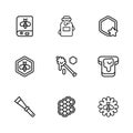 Set line Honeycomb, Bread with honey, Bee flower, dipper stick, Book about bee, Jar of and and honeycomb icon. Vector