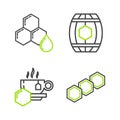 Set line Honeycomb, Cup of tea with honey, Wooden barrel and icon. Vector