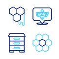 Set line Honeycomb, Hive for bees, Bee and icon. Vector