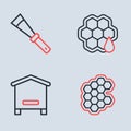 Set line Honeycomb, Hive for bees, and Beekeeping knife icon. Vector