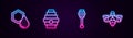 Set line Honeycomb, Hive for bees, dipper stick and Bee. Glowing neon icon. Vector