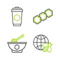 Set line Honeycomb map of the world and bee, dipper stick bowl, and Cup tea with honey icon. Vector