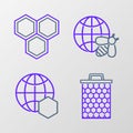 Set line Honeycomb, map of the world, and bee and icon. Vector