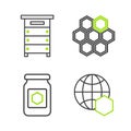 Set line Honeycomb map of the world, Jar honey, and Hive for bees icon. Vector