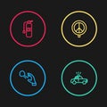 Set line Hooligan shooting stones, Police car and flasher, Peace and Fire extinguisher icon. Vector Royalty Free Stock Photo