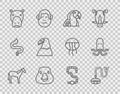 Set line Horse, Collar with name tag, Macaw parrot, Goose bird, Hippo Hippopotamus, Eagle head, Worm and Octopus icon