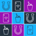 Set line Horseshoe, Champagne in an ice bucket and Playing card with heart icon. Vector Royalty Free Stock Photo