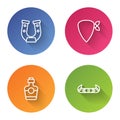 Set line Horseshoe, Cowboy bandana, Tequila bottle and Kayak canoe paddle. Color circle button. Vector Royalty Free Stock Photo