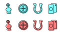 Set line Horseshoe, Hand holding casino chips, Casino roulette wheel and Deck of playing cards icon. Vector