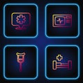 Set line Hospital bed, Crutch or crutches, Location hospital and Monitor with cardiogram. Gradient color icons. Vector