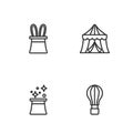 Set line Hot air balloon, Magician hat, and rabbit ears and Circus tent icon. Vector Royalty Free Stock Photo