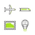 Set line Hot air balloon, Postal stamp and Coliseum, Train and Plane icon. Vector Royalty Free Stock Photo