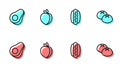 Set line Hotdog, Avocado fruit, Plum and Bread loaf icon. Vector