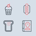 Set line Hotdog, Bread toast, Cookbook and Muffin icon. Vector