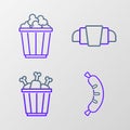 Set line Hotdog, Chicken leg in package box, Croissant and Popcorn icon. Vector