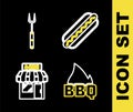 Set line Hotdog sandwich, Barbecue fire flame, shopping building and fork icon. Vector