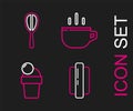 Set line Hotdog sandwich, Ice cream, Coffee cup and Kitchen whisk icon. Vector