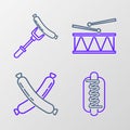 Set line Hotdog sandwich with mustard, Crossed sausage, Musical instrument drum drum sticks and Sausage on the fork icon Royalty Free Stock Photo