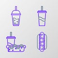 Set line Hotdog sandwich with mustard, Paper glass drinking straw hotdog, water and Glass of lemonade icon. Vector