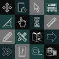 Set line Hotel building, Arrow, Ruler, Pixel arrow cursor, hand, Triangular ruler, arrows four directions and Hourglass Royalty Free Stock Photo
