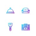 Set line Hotel building, door lock key, Covered with tray of food and Sofa. Gradient color icons. Vector