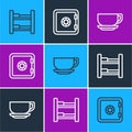 Set line Hotel room bed, Coffee cup and Safe icon. Vector Royalty Free Stock Photo