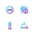 Set line Hotel service bell, Lighthouse, Location with SOS and Money exchange. Gradient color icons. Vector