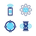 Set line Hourglass and gear, Outsourcing concept, Product development and Contactless payment icon. Vector