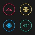 Set line Hourglass and gear, Plane, Outsourcing concept and Mountains icon. Vector