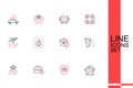 Set line House, Briefcase with shield, in hand, Tornado, Fire flame and Plane icon. Vector Royalty Free Stock Photo