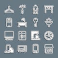 Set line House, Clock, Washbasin, Office chair, Bathtub, Mobile Apps, Hanger wardrobe and key icon. Vector