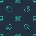 Set line House, Computer mouse and Laptop on seamless pattern. Vector Royalty Free Stock Photo