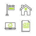 Set line House contract, Laptop and smart home, and Hanging sign with text Sold icon. Vector Royalty Free Stock Photo