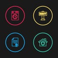 Set line House contract, with shield, Hanging sign Rent and Washer icon. Vector