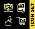 Set line House contract, Shopping cart with house, heart shape and Hanging sign Sold icon. Vector Royalty Free Stock Photo