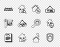 Set line House contract, under protection, with percant, check mark, plan, Hanging sign Sold, heart shape and icon Royalty Free Stock Photo