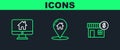 Set line House with dollar symbol, Computer monitor smart home and Map pointer house icon. Vector Royalty Free Stock Photo