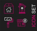 Set line House with dollar symbol, Paint roller brush, Home and Cardboard box house icon. Vector Royalty Free Stock Photo