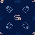 Set line House flood, Broken or cracked lock and Briefcase with shield on seamless pattern. Vector