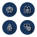 Set line House in hand, Life jacket, Fire burning house and insurance with shield with long shadow. Blue circle button Royalty Free Stock Photo