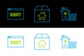 Set line House, Hanging sign with text Online Rent and Cardboard box house icon. Vector