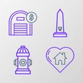 Set line House with heart shape, Fire hydrant, Washington monument and Warehouse dollar symbol icon. Vector Royalty Free Stock Photo