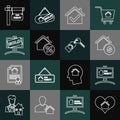 Set line House with heart shape, Hanging sign For Rent, dollar, check mark, percant, Sold, and key icon. Vector Royalty Free Stock Photo