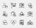 Set line House with heart shape, Hanging sign For Sale, Open house, Realtor, percant, contract and Rent icon. Vector Royalty Free Stock Photo