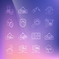 Set line House with heart shape, Hanging sign Sold, Open house, key, under protection, Realtor and Search icon. Vector Royalty Free Stock Photo