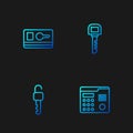 Set line House intercom system, Unlocked key, Key card and . Gradient color icons. Vector